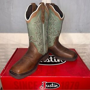 Justin Boots GY2904 Barnwood Brown & Turquoise Western Cowgirl Boots 10B NIB